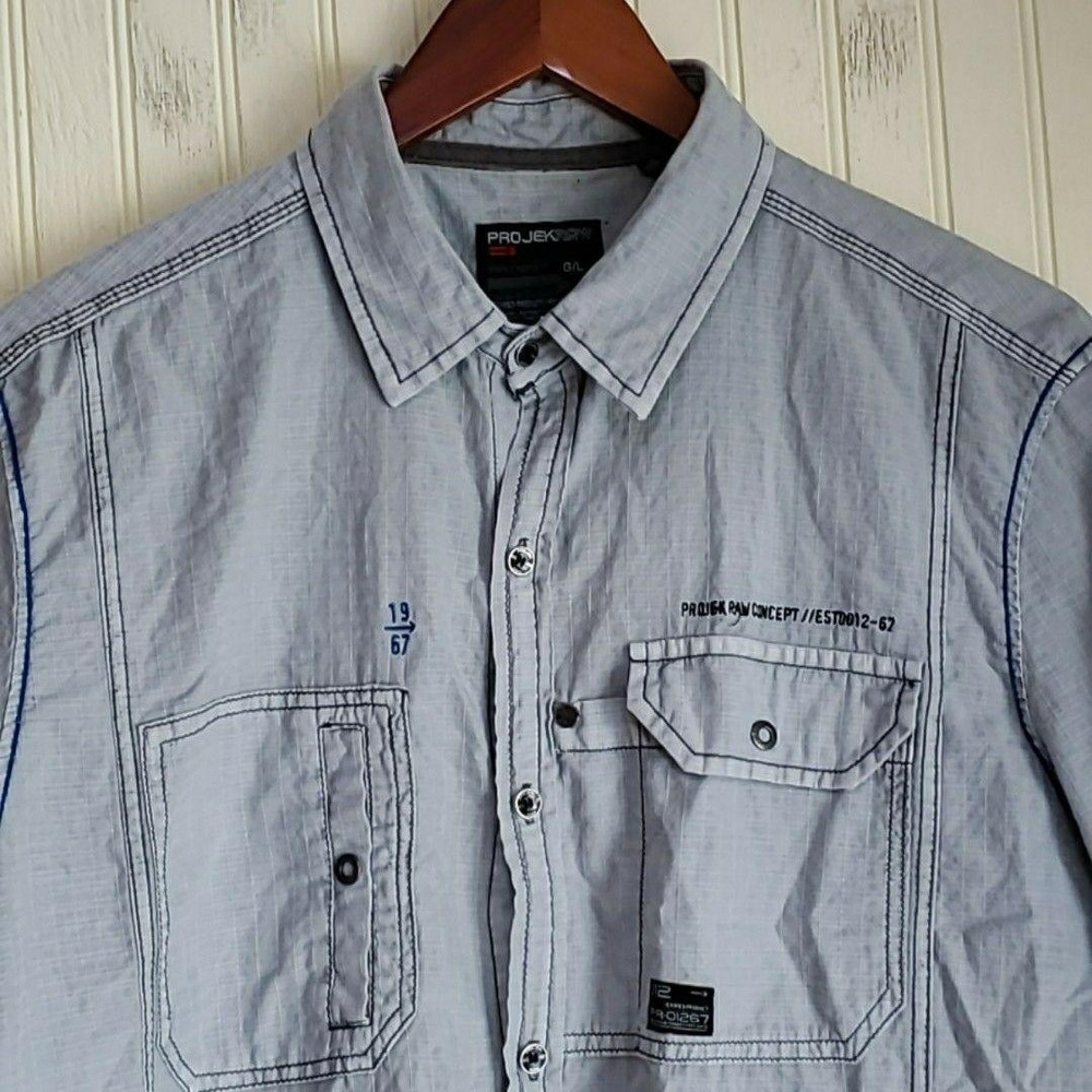 Projek Raw Shirt Mens Large Gray Solid Short Sleeve Utility Pockets Button-Up